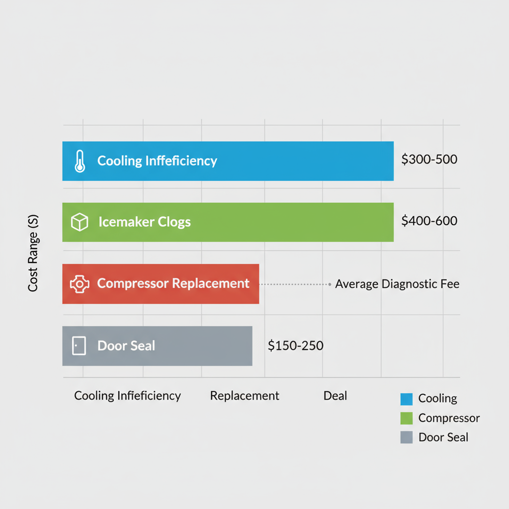 Horizontal bar chart depicting common refrigerator repair cost ranges in Cleveland with icons for each issue