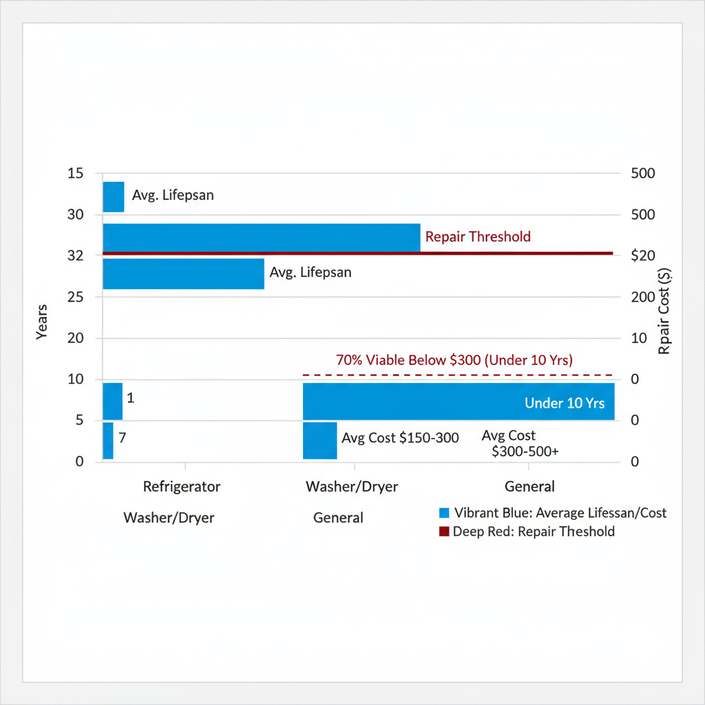 Bar chart depicting average lifespans and repair cost thresholds for refrigerators, washers/dryers, and general appliances in Cleveland