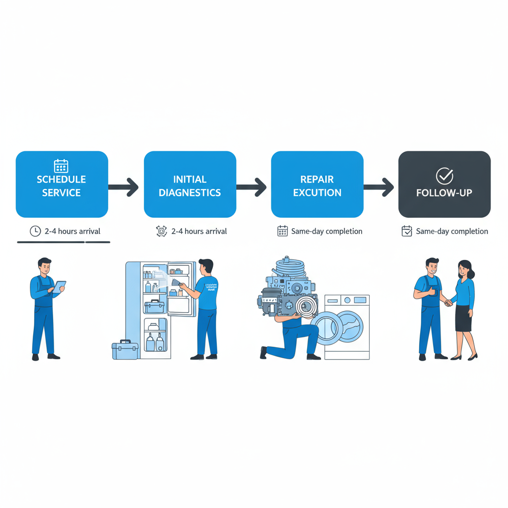 Horizontal process flow diagram illustrating the four stages of local appliance repair service in Cleveland, from scheduling to follow-up.