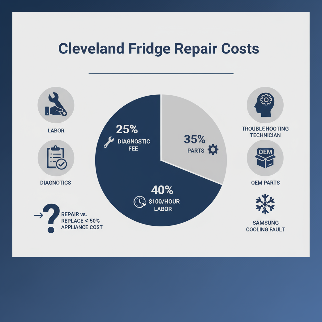 Infographic showing cost breakdown for fridge repairs in Cleveland including diagnostics, labor, parts, and decision factors with icons