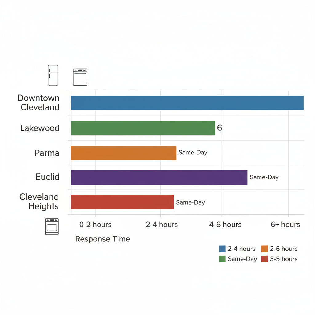 Horizontal bar chart showing appliance repair response times in five Greater Cleveland neighborhoods with color-coded bars and appliance icons