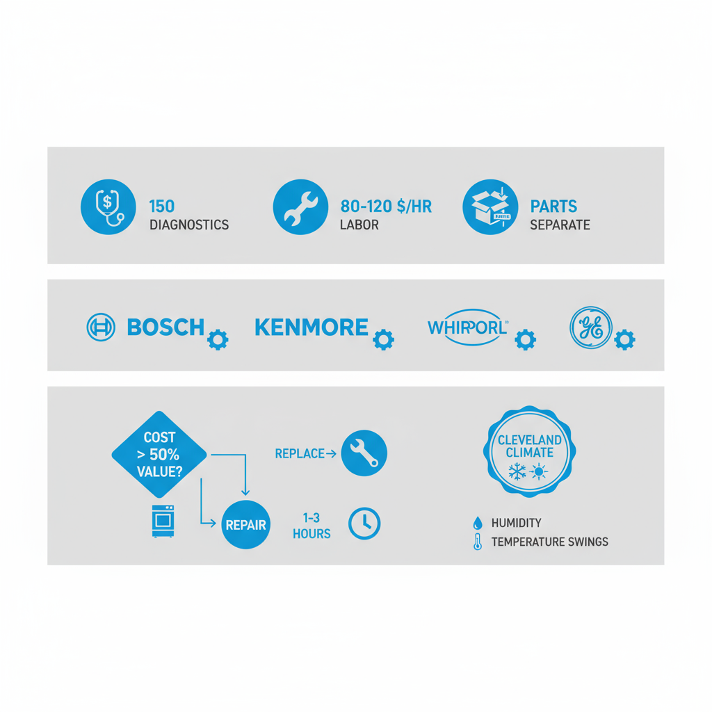 Multi-panel infographic depicting Cleveland appliance repair pricing, brand compatibility, and repair decision tips