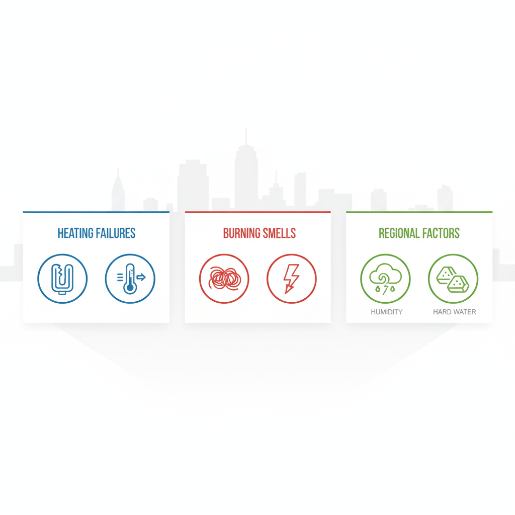 Infographic illustrating common dryer problems including heating failures, burning smells, and regional environmental factors in Cleveland homes