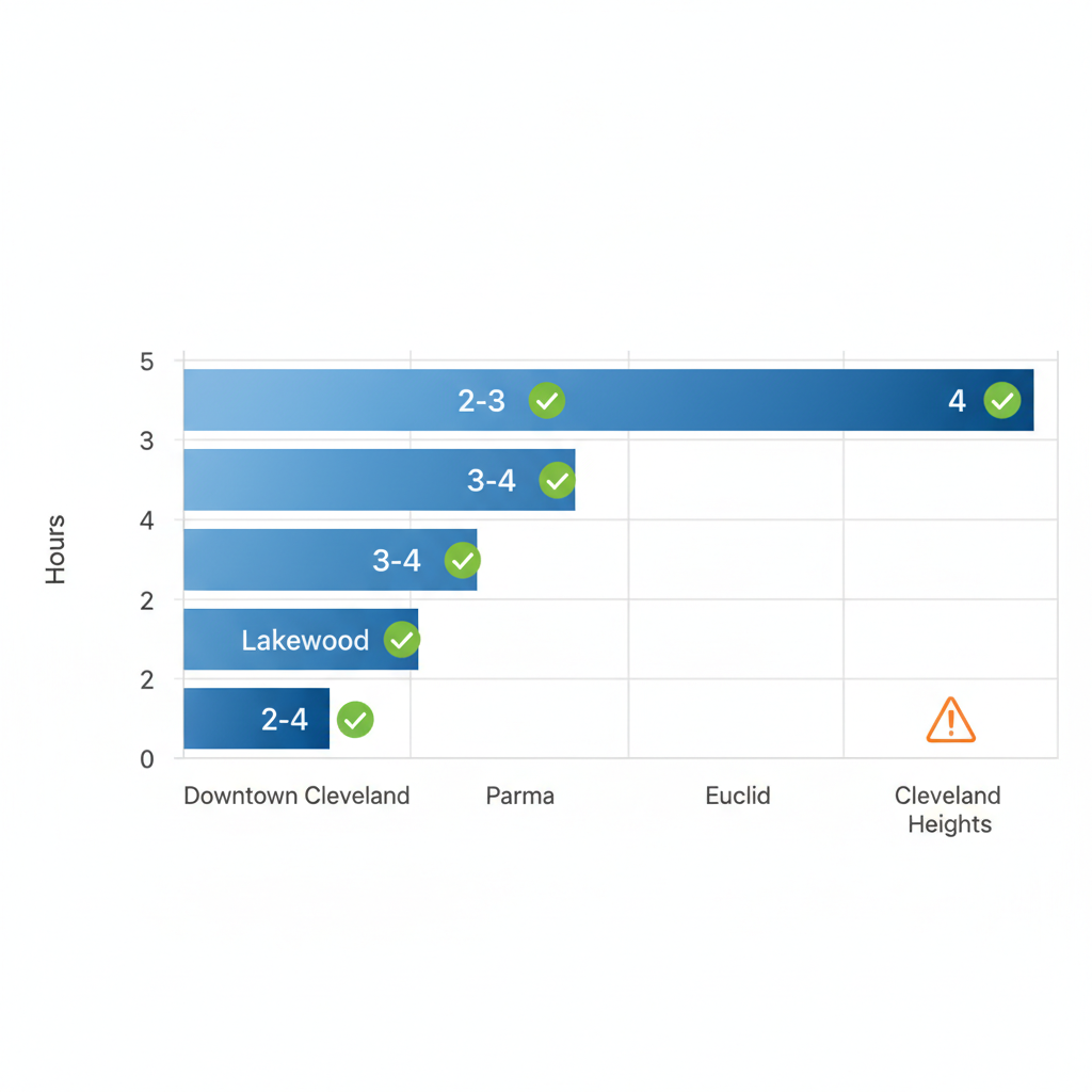Horizontal bar chart of Maytag repair response times in Cleveland neighborhoods with icons for availability and challenges