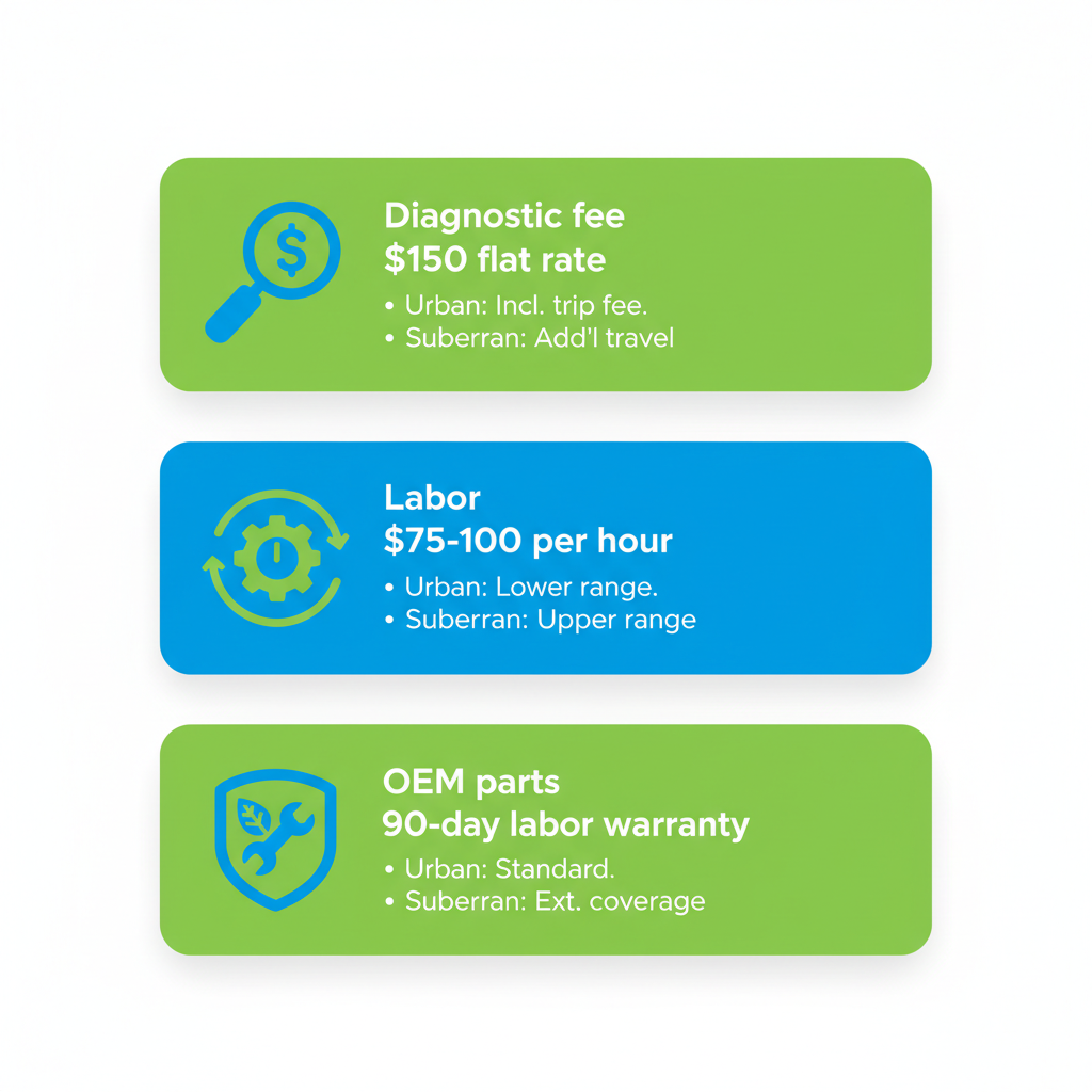 Infographic illustrating diagnostic fees, labor costs, and warranty details for Maytag appliance repairs in Cleveland