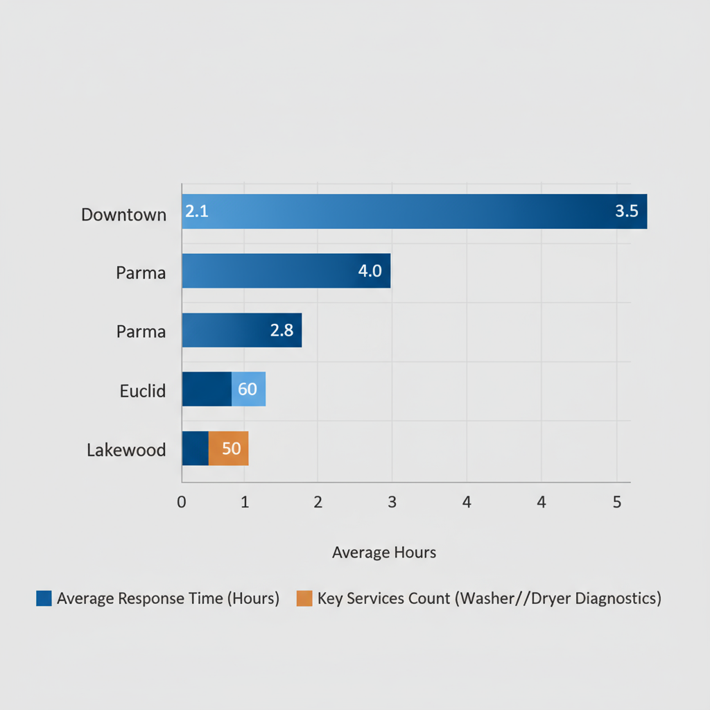 Horizontal bar chart illustrating average appliance repair response times and service counts in Cleveland suburbs including Downtown, Parma, Euclid, and Lakewood.