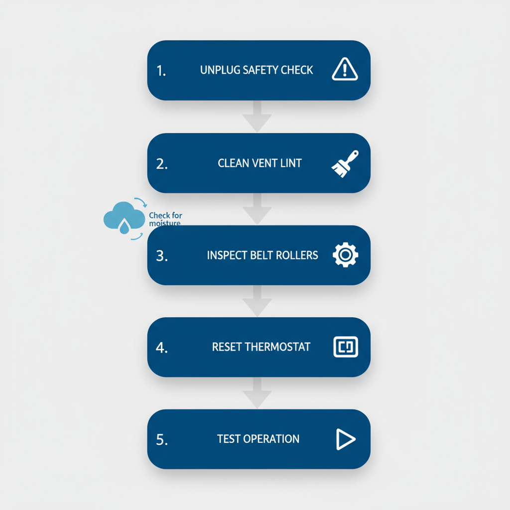 Vertical process flow diagram illustrating five steps for DIY dryer repairs including safety checks and cleaning