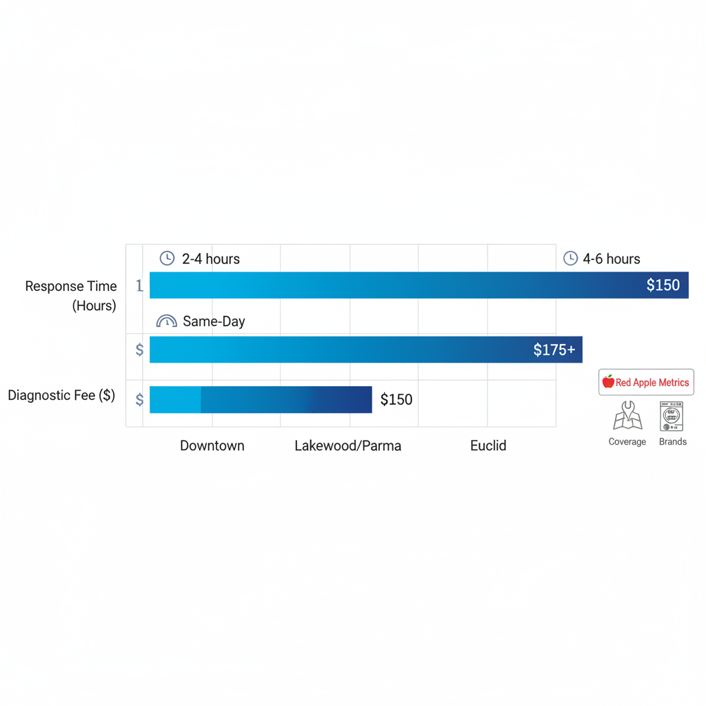 Horizontal bar chart comparing dryer repair response times and diagnostic fees across Downtown, Lakewood/Parma, and Euclid in Greater Cleveland.