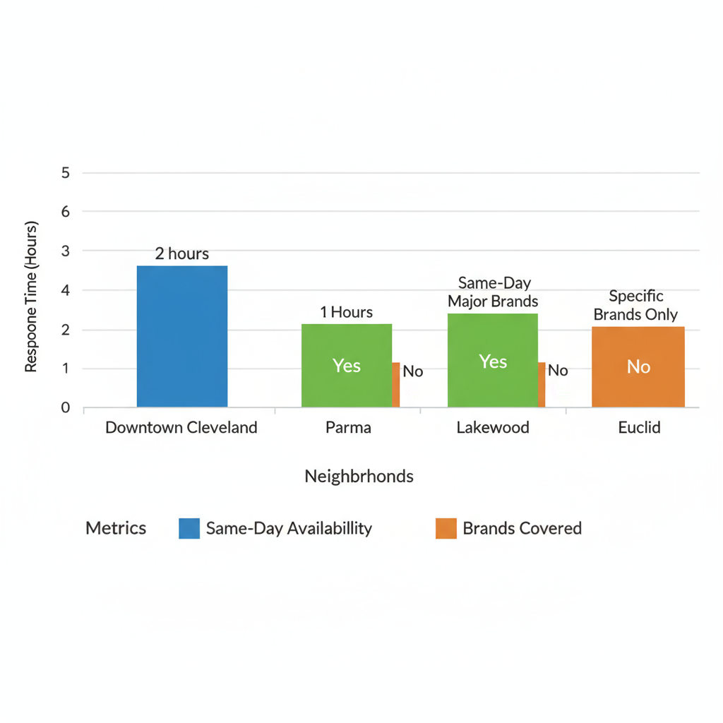 Bar chart comparing dryer repair response times, availability, and brand coverage across Cleveland neighborhoods