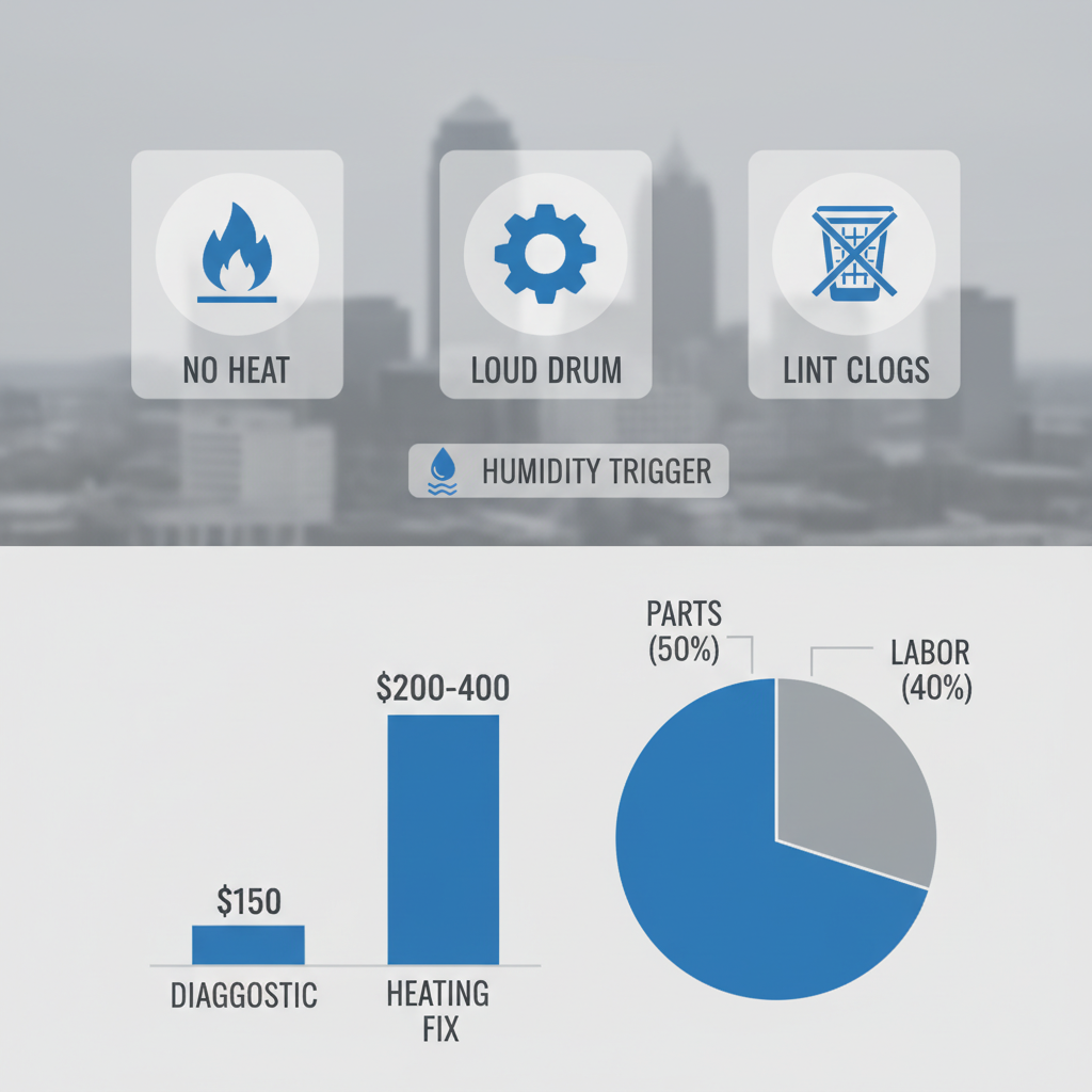 Infographic depicting common dryer problems like heating failure, noisy operation, lint buildup, and typical repair costs in Cleveland influenced by local humidity.