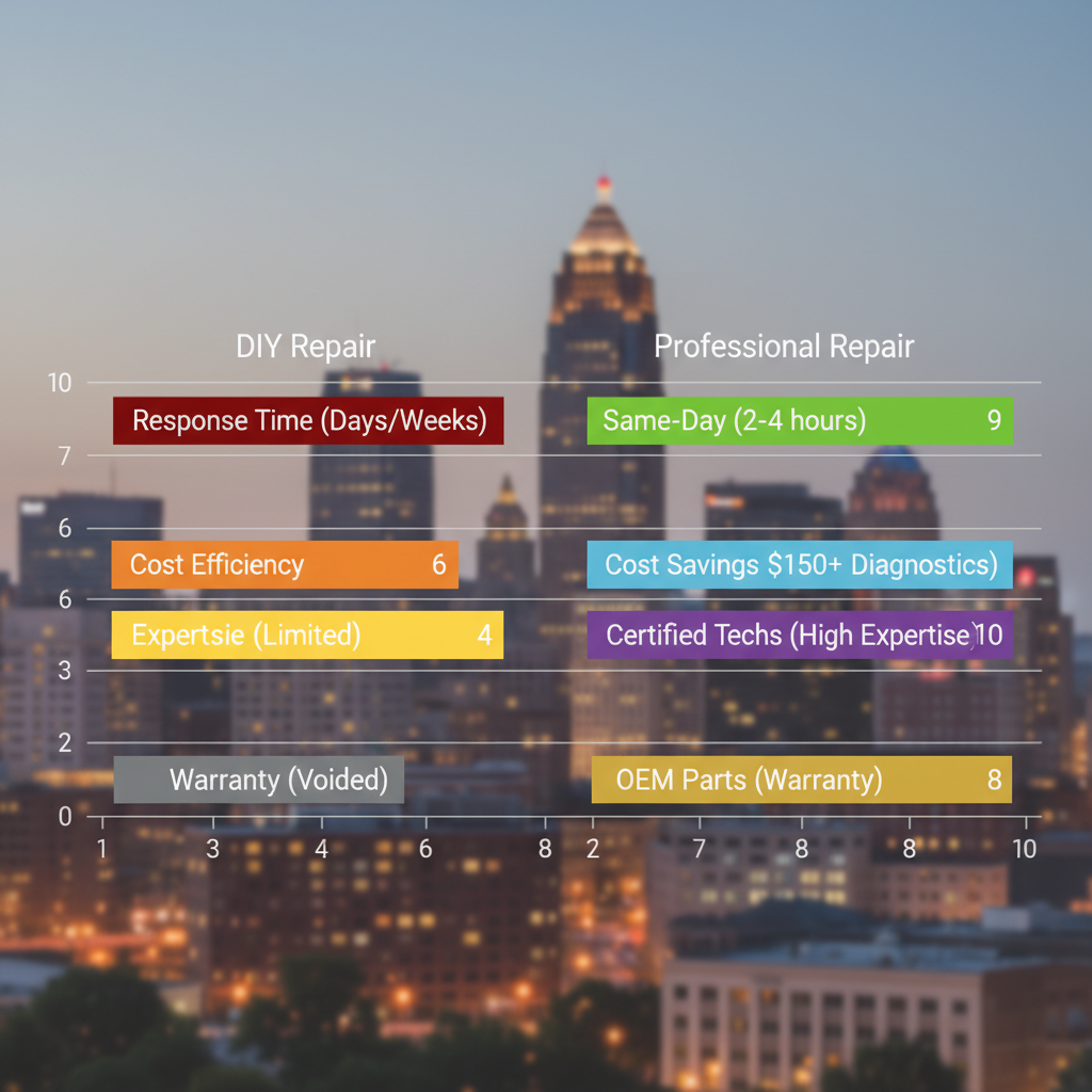 Horizontal bar chart comparing DIY and professional dishwasher repair benefits including time, cost, expertise, and warranty in Cleveland.