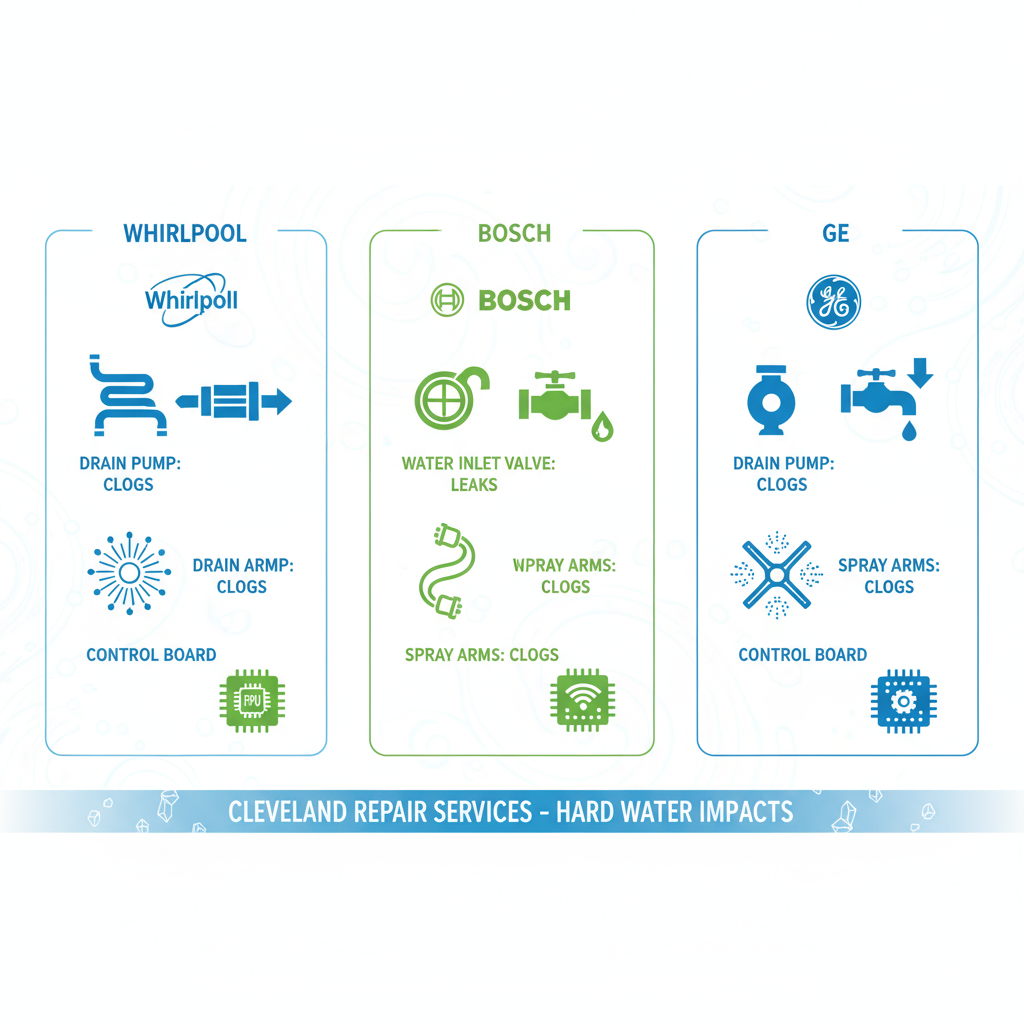 Infographic depicting main dishwasher parts including pump, valve, arms, and board with common failure labels for Cleveland services