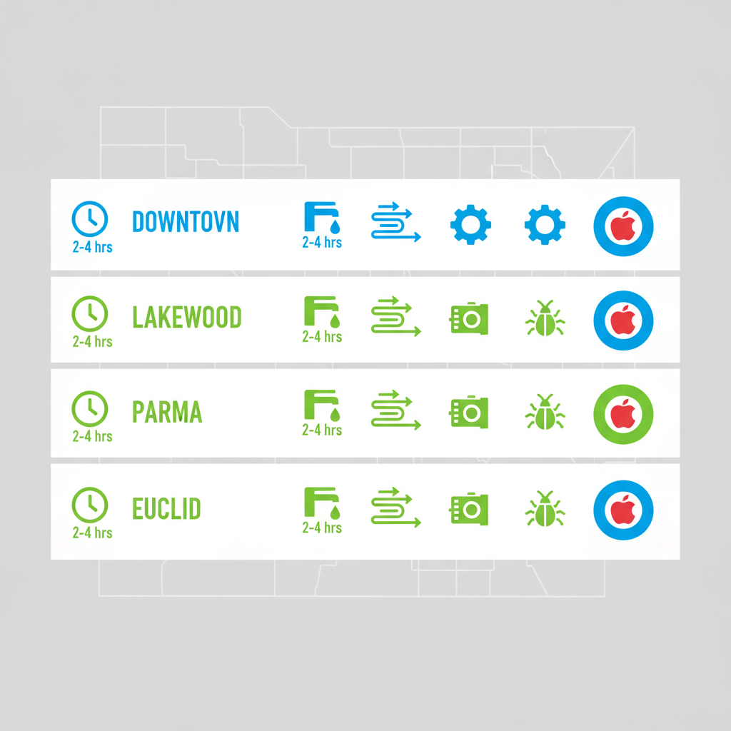 Infographic comparing dishwasher repair response times and common issues across Cleveland suburbs including Downtown, Lakewood, Parma, and Euclid.