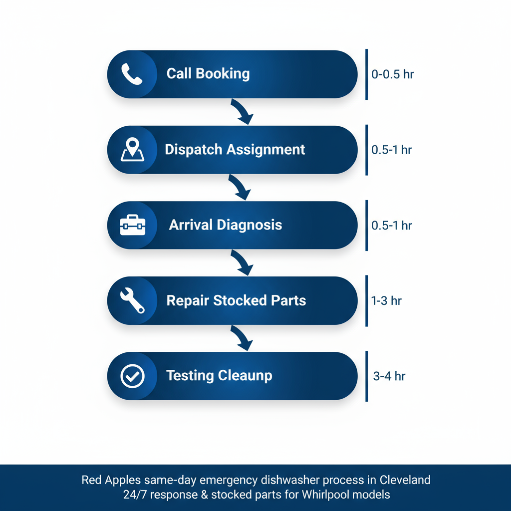Step-by-step vertical diagram illustrating the same-day emergency dishwasher repair process from booking to completion