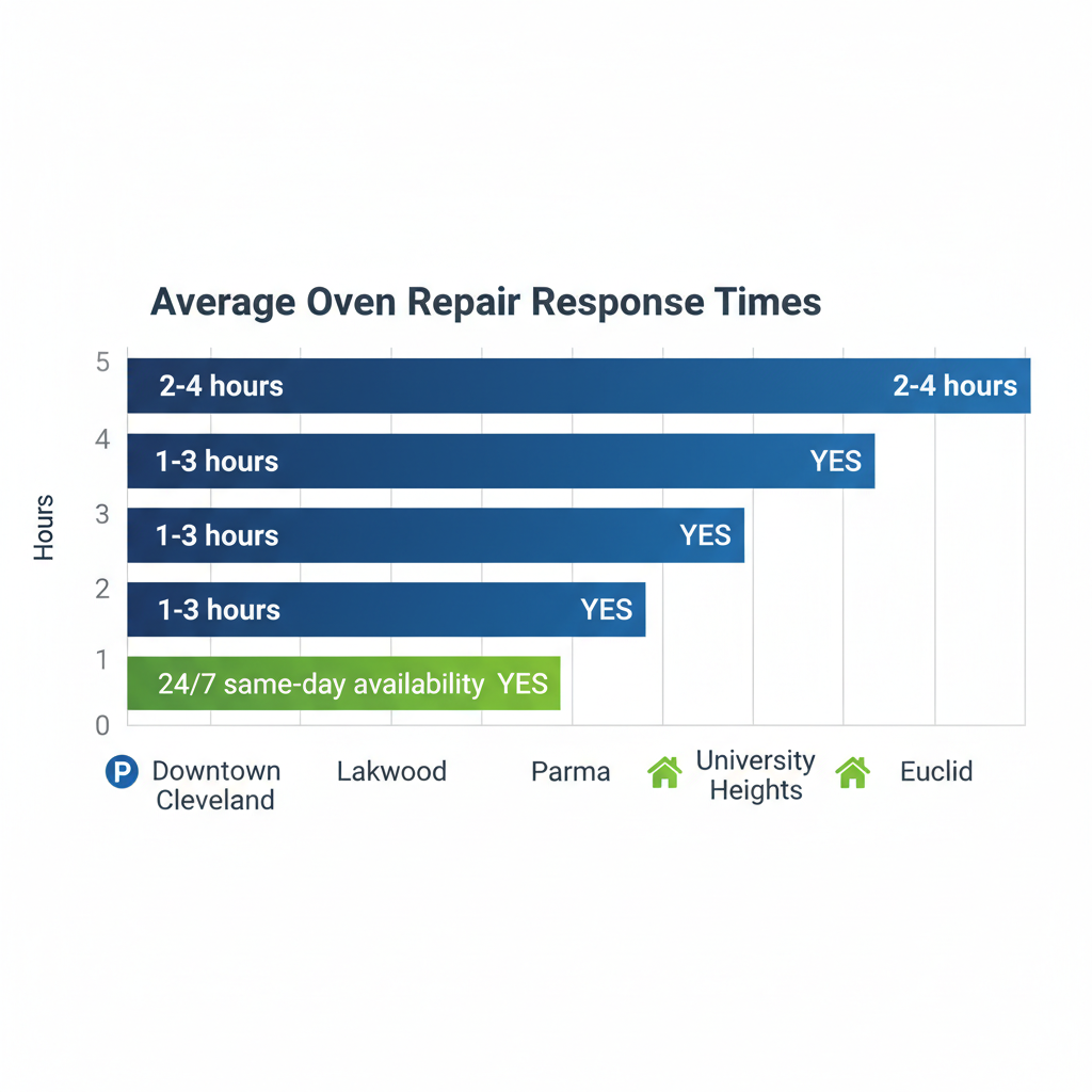 Horizontal bar chart showing oven repair response times by Cleveland neighborhood with icons for challenges