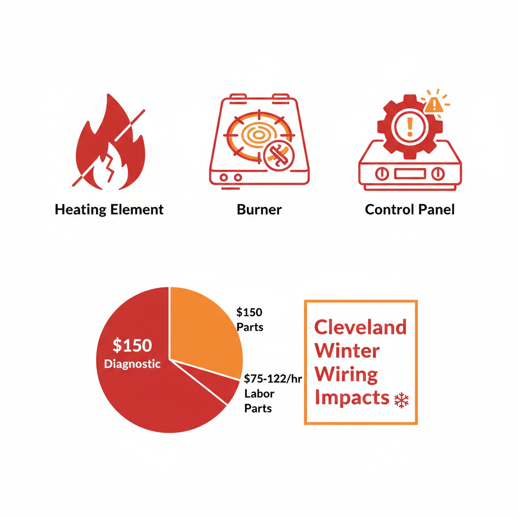 Infographic illustrating common oven repair issues with icons and cost breakdown pie chart including Cleveland winter impacts