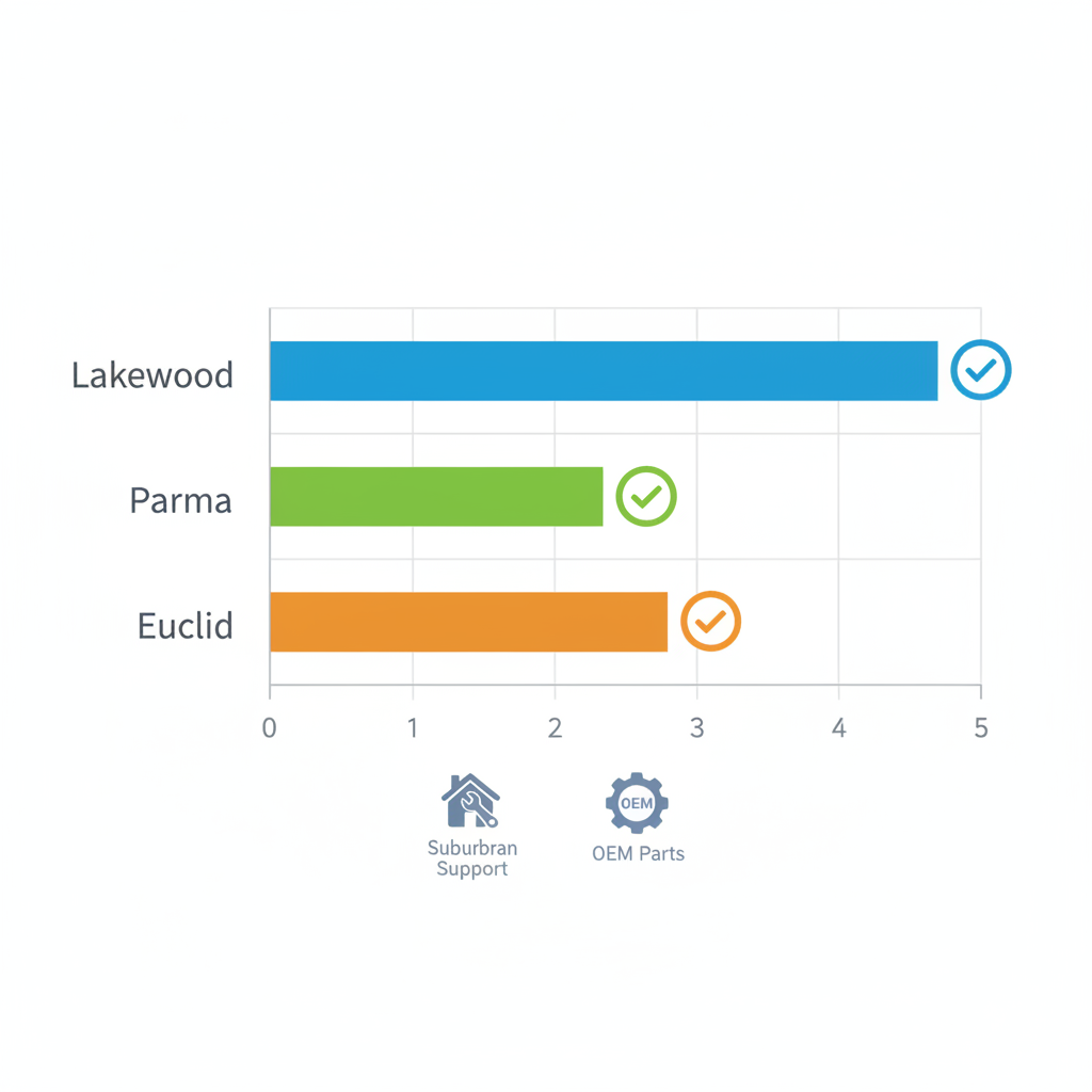 Horizontal bar chart of average appliance repair response times across Cleveland neighborhoods Lakewood, Parma, and Euclid with checkmarks for same-day service