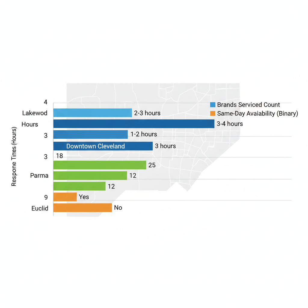 Bar chart illustrating oven repair response times, brand coverage, and availability across Cleveland suburbs including Lakewood, Downtown, Parma, and Euclid