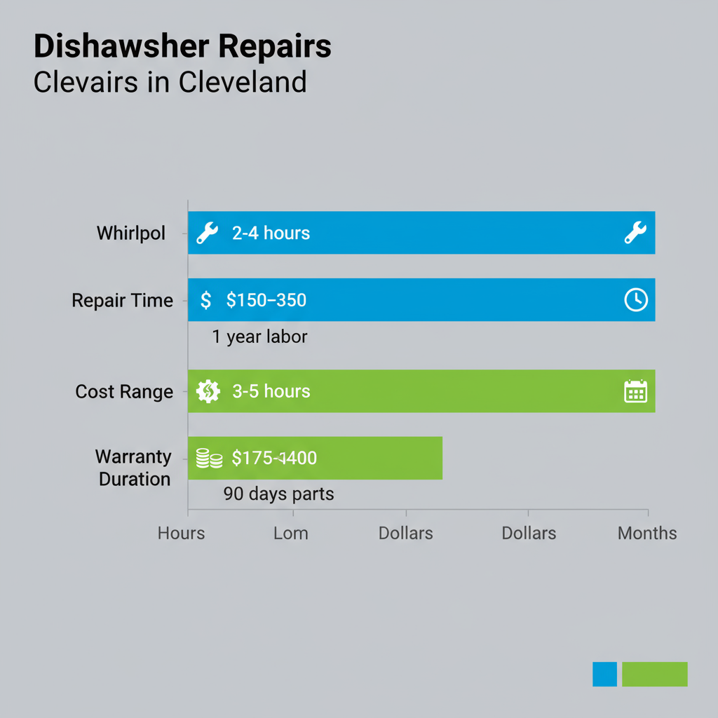 Bar chart showing comparison of repair time, cost, and warranty for Whirlpool and Samsung dishwashers in Cleveland