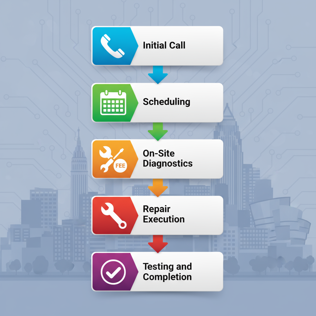Vertical flowchart showing five steps of professional dishwasher repair process in Cleveland