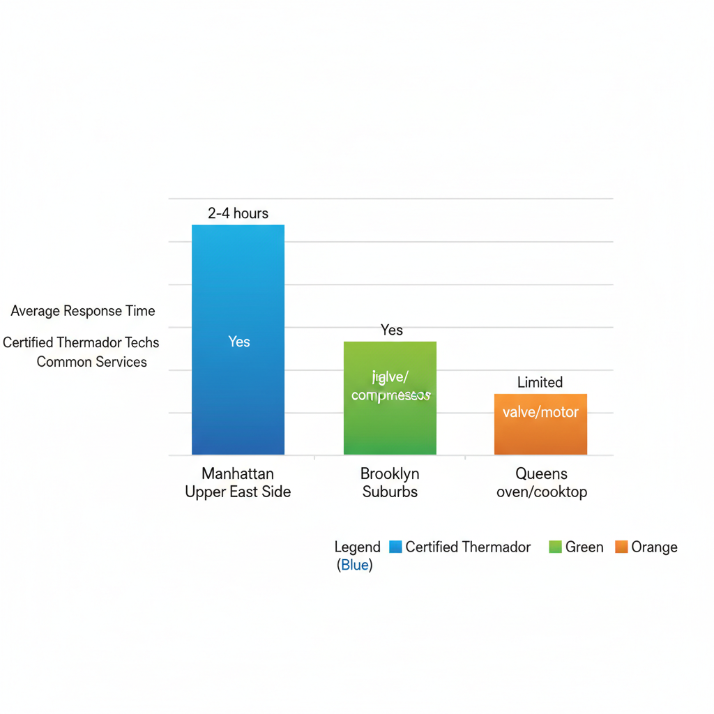 Bar chart comparing Thermador appliance repair metrics across New York City areas including response times, technician certifications, and common services