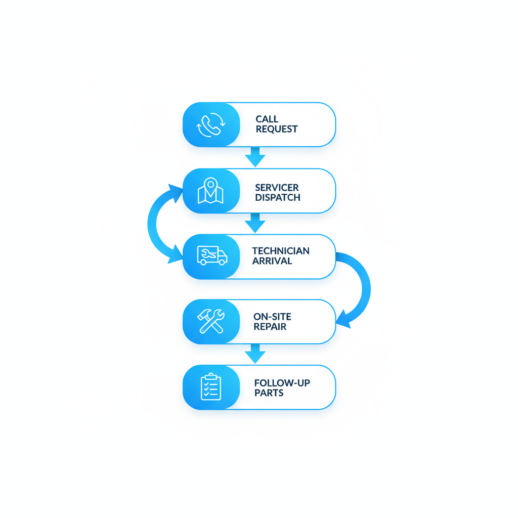 Vertical process flow diagram showing five stages of Thermador service availability in New York with icons and arrows