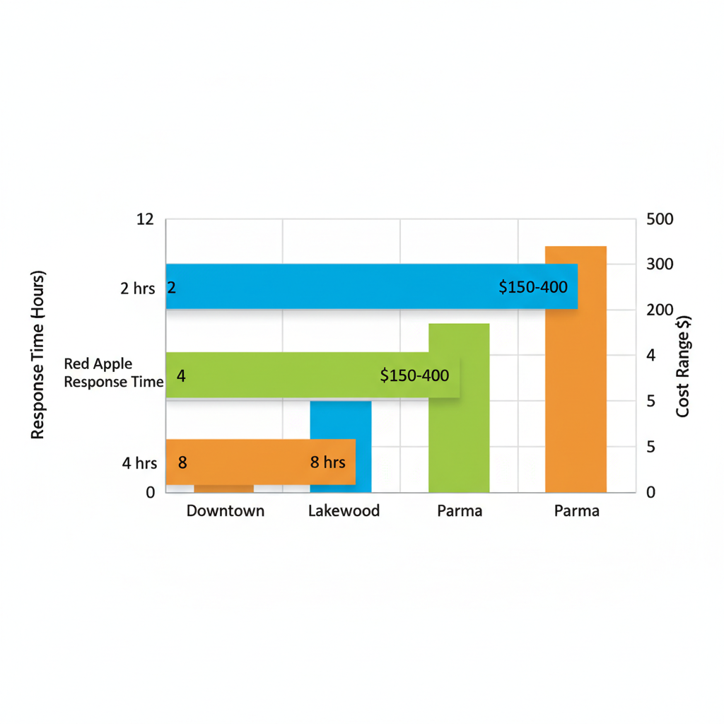 Bar chart comparing AC repair response times and cost ranges in Cleveland neighborhoods Downtown, Lakewood, and Parma