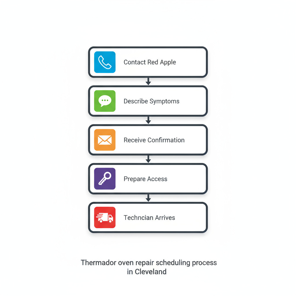 Vertical process flow diagram showing steps to schedule Thermador oven repair service