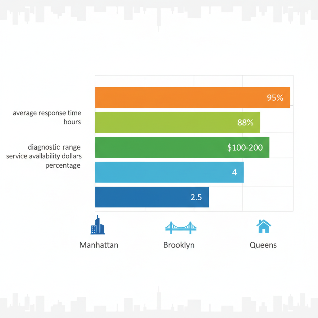 Horizontal bar chart comparing Thermador repair metrics like response time, cost, and availability in Manhattan, Brooklyn, and Queens