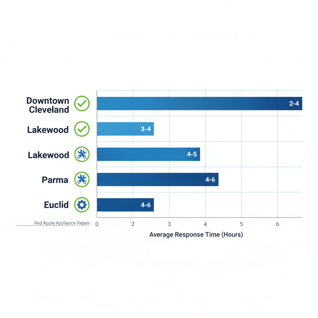 Bar chart showing average response times and service availability for appliance repairs in Cleveland neighborhoods including Downtown, Lakewood, Parma, and Euclid