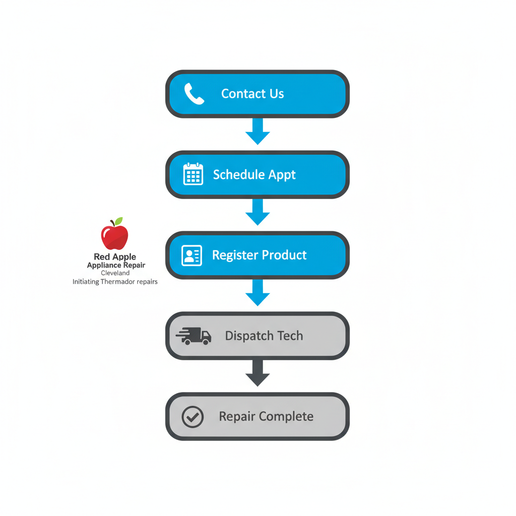 Vertical flowchart illustrating the five-step process to initiate Thermador appliance repairs with Red Apple in Cleveland