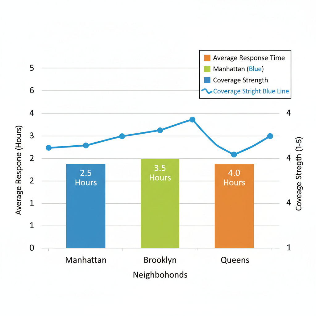 Bar chart comparing Thermador repair response times in Manhattan, Brooklyn, and Queens with coverage overlay