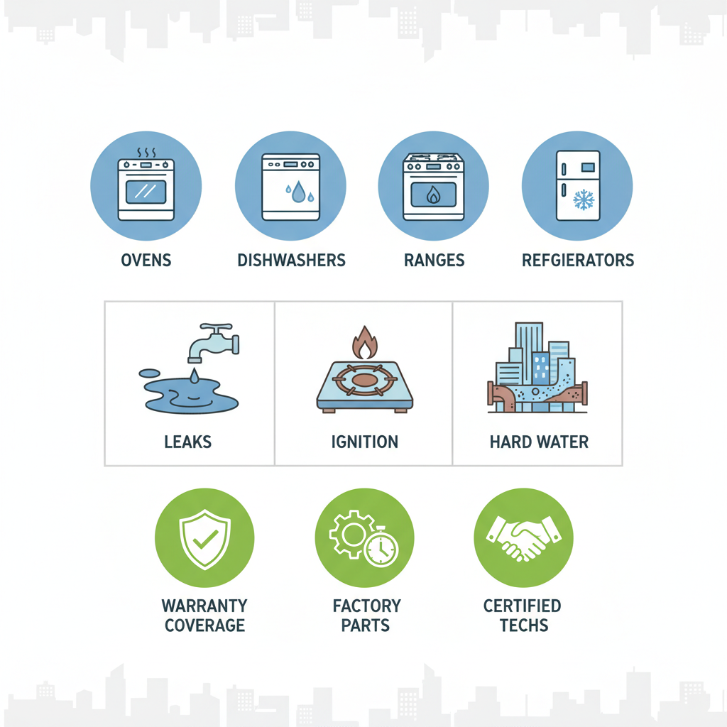 Infographic showing Thermador appliances, common urban failures, and repair authorization benefits with icons and highlights