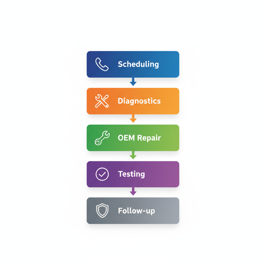 Vertical flowchart illustrating the five-step Thermador authorized repair process with Red Apple Appliance Repair, including scheduling, diagnostics, OEM repair, testing, and follow-up.