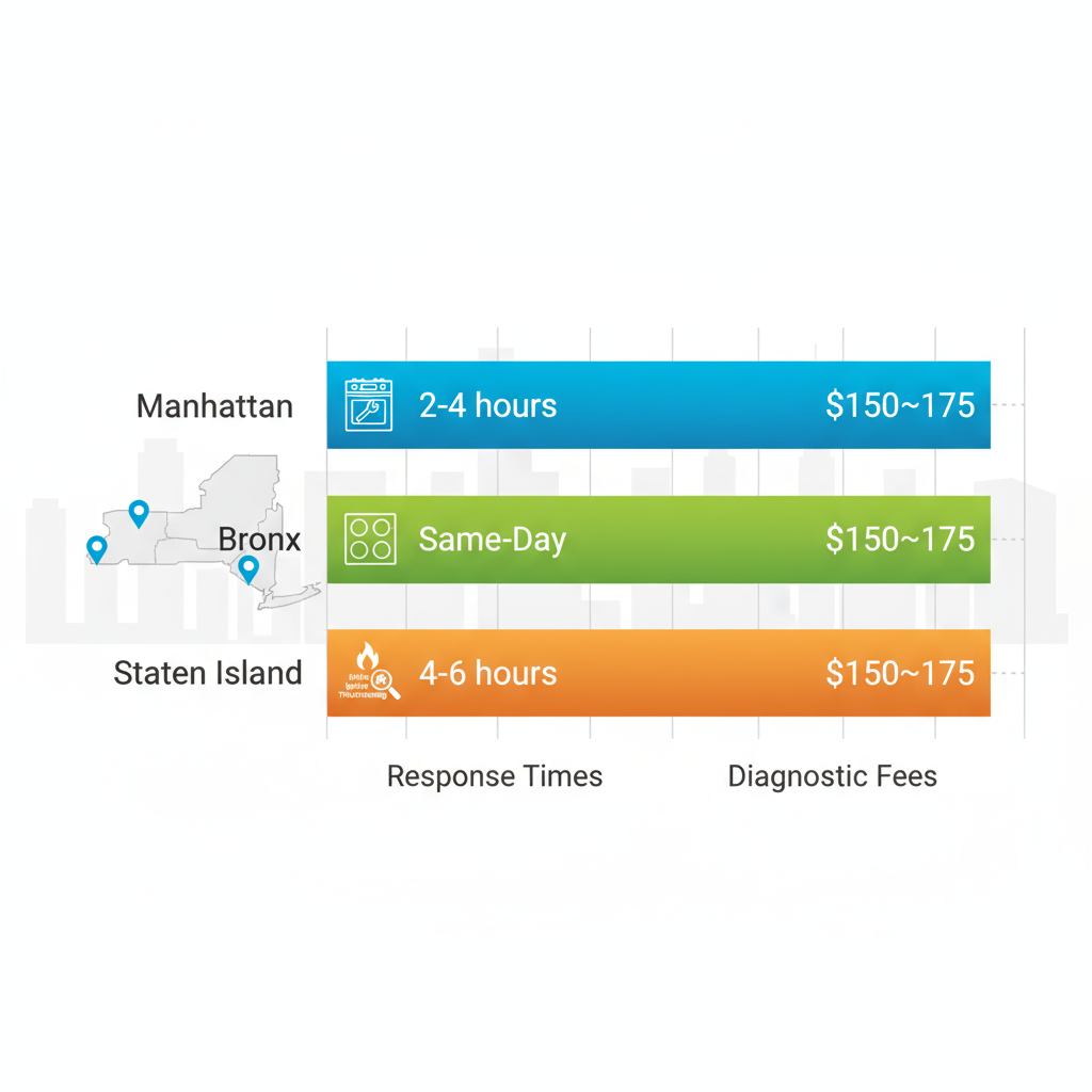 Horizontal bar chart comparing Thermador appliance repair response times and fees across Manhattan, Bronx, and Staten Island with service icons and NYC map outline