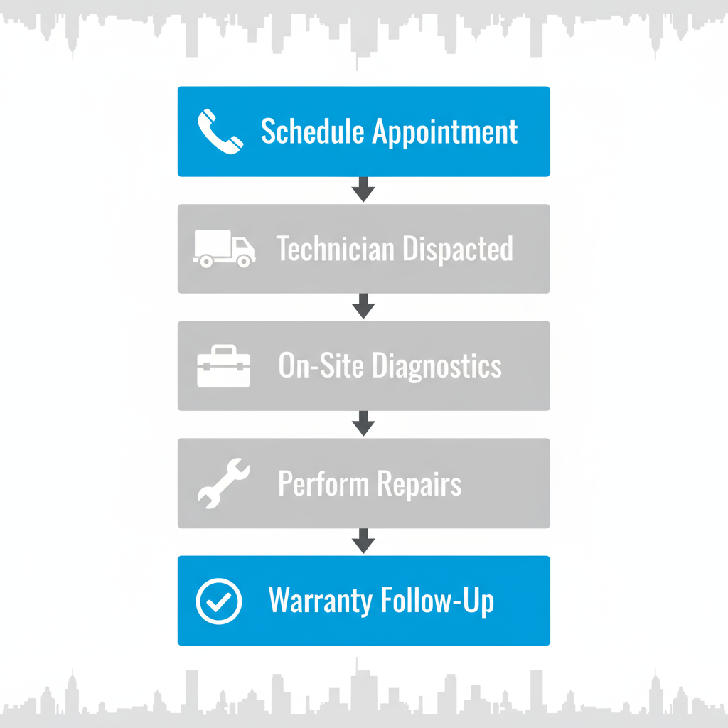 Vertical step-by-step process flow for Thermador appliance repair initiation in New York