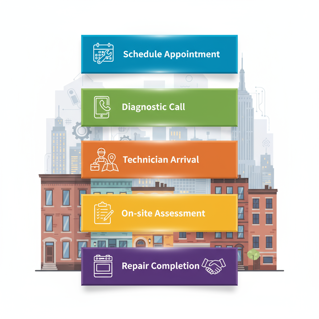 Vertical process flow diagram illustrating the steps to start Thermador stove repair service in New York