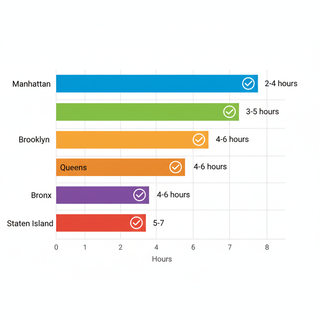 Horizontal bar chart displaying average Thermador freezer repair response times in New York City boroughs with checkmark icons indicating same-day service availability