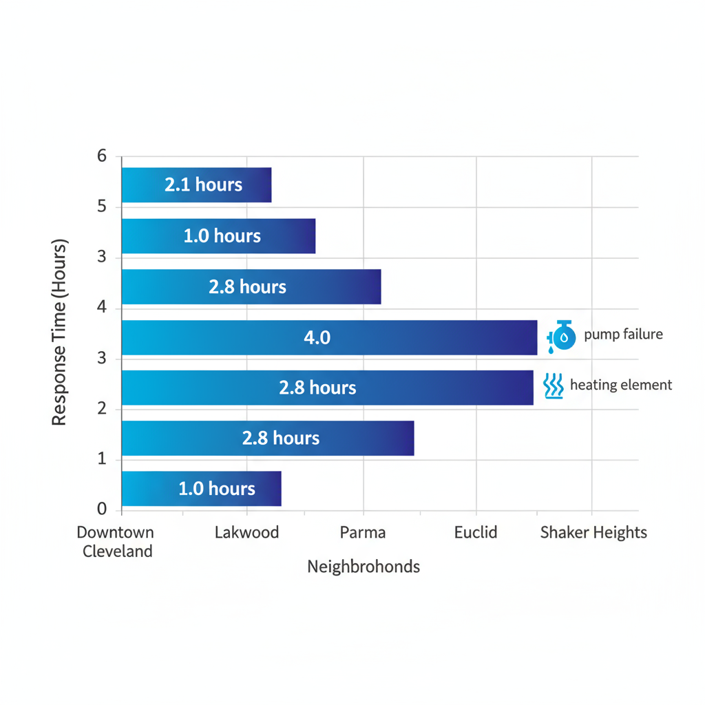 Horizontal bar chart of average appliance repair response times by Cleveland neighborhood
