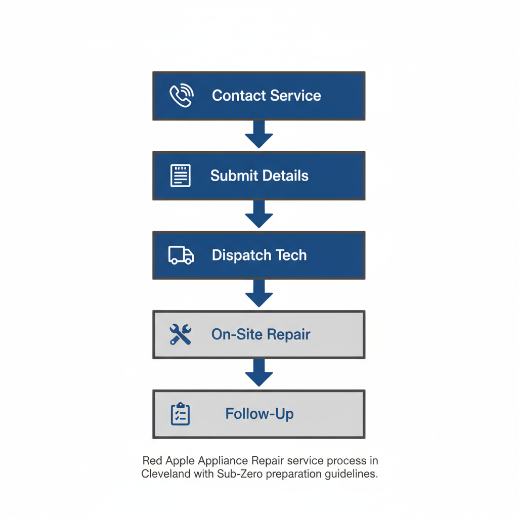 Vertical flowchart depicting the five-step process for scheduling and completing Sub-Zero appliance service