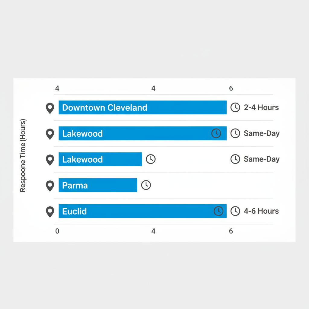 Bar chart showing Red Apple Appliance Repair response times in Cleveland neighborhoods with icons for quick reference
