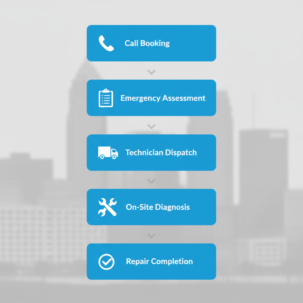 Vertical process flow diagram showing the five stages of appliance repair scheduling and dispatch in Cleveland