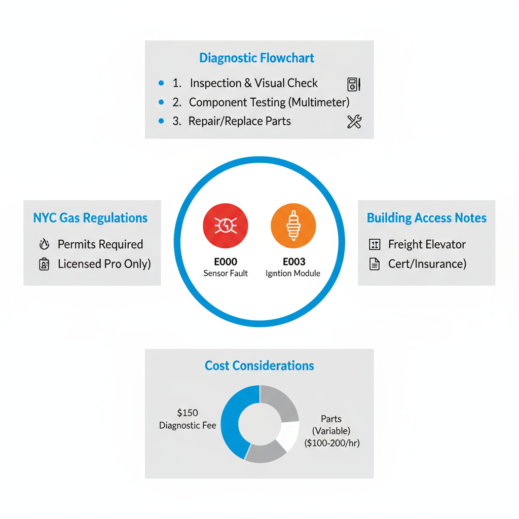 Infographic of Thermador gas range error codes, diagnostics, costs, and New York repair considerations