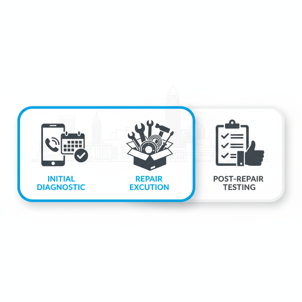 Horizontal process flow illustrating Thermador refrigerator repair stages: diagnostic, execution, and testing in Cleveland