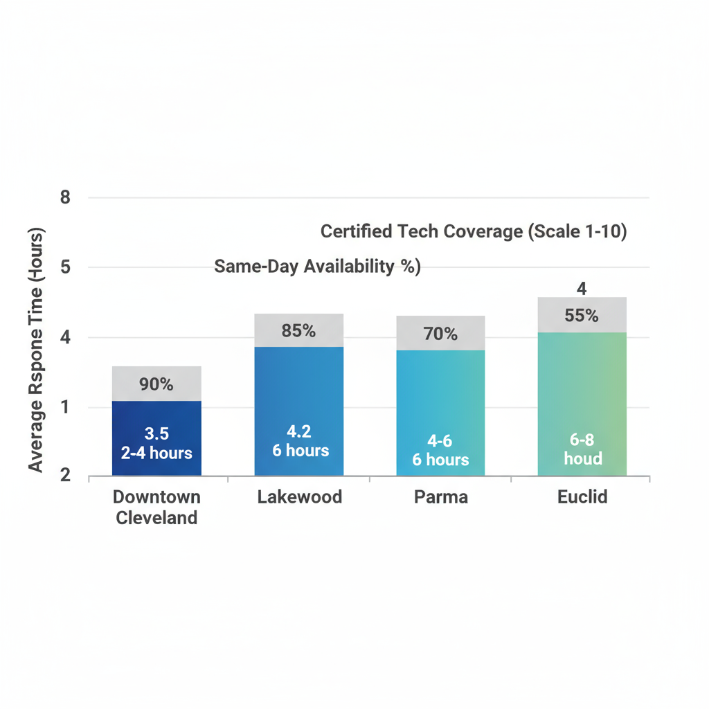 Bar chart comparing average response times and service coverage for appliance repairs across Cleveland neighborhoods