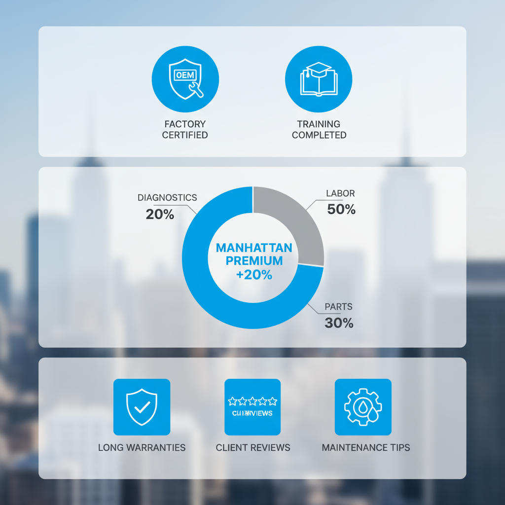 Infographic depicting certifications, cost breakdown, and decision criteria for Sub-Zero appliance repairs in NYC