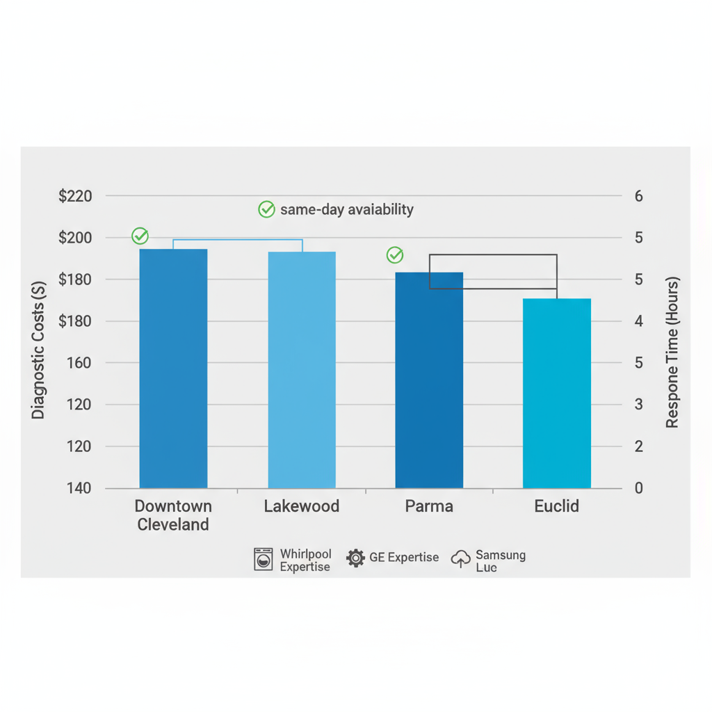 Bar chart comparing dryer repair diagnostic costs and response times across Cleveland areas including Downtown, Lakewood, Parma, and Euclid