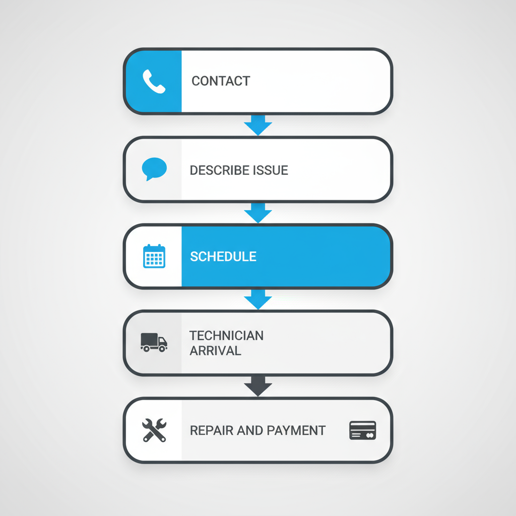 Vertical step-by-step illustration of the dishwasher repair booking process with Red Apple Appliance Repair