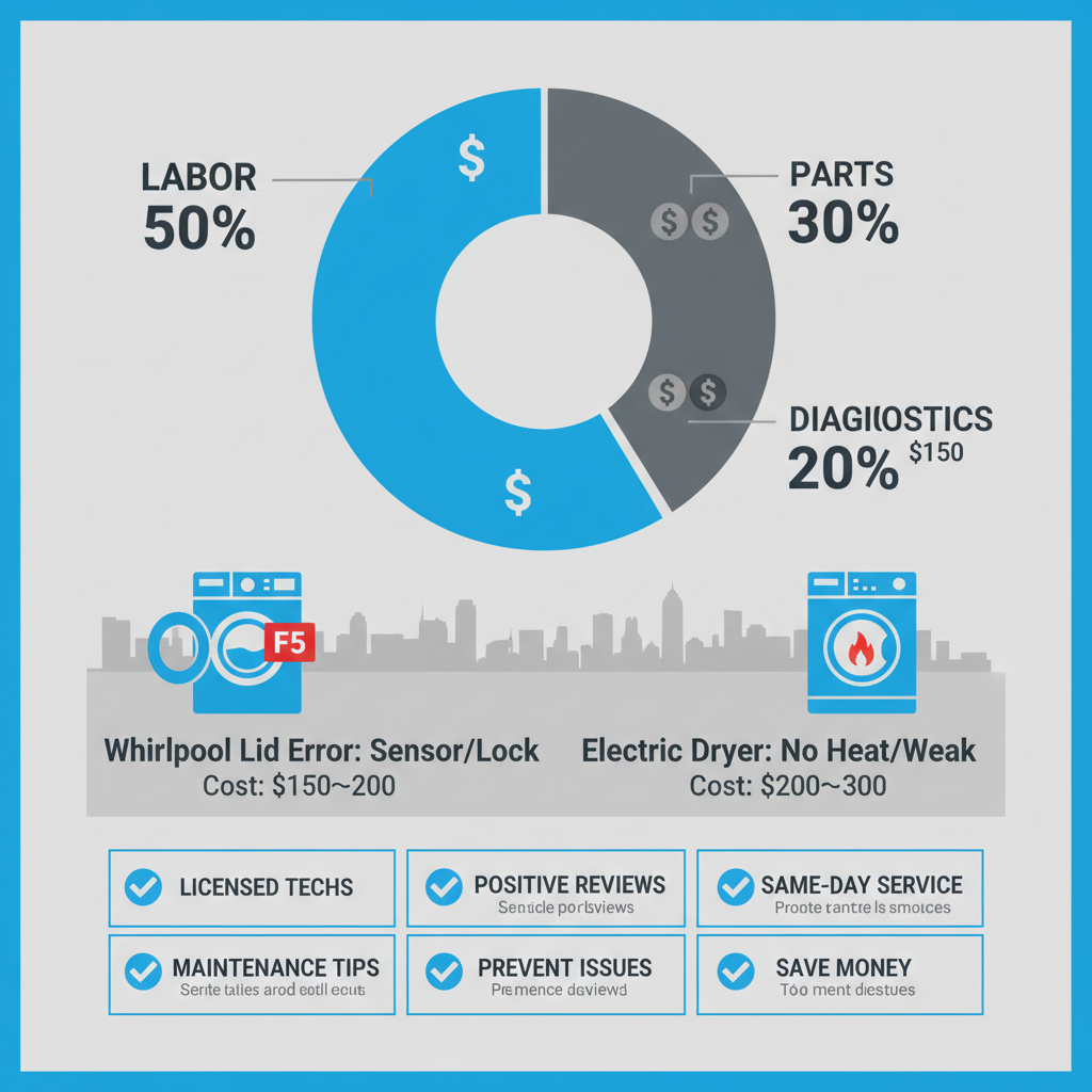 Infographic showing cost breakdown, common issues, and tips for washer dryer repairs in Cleveland