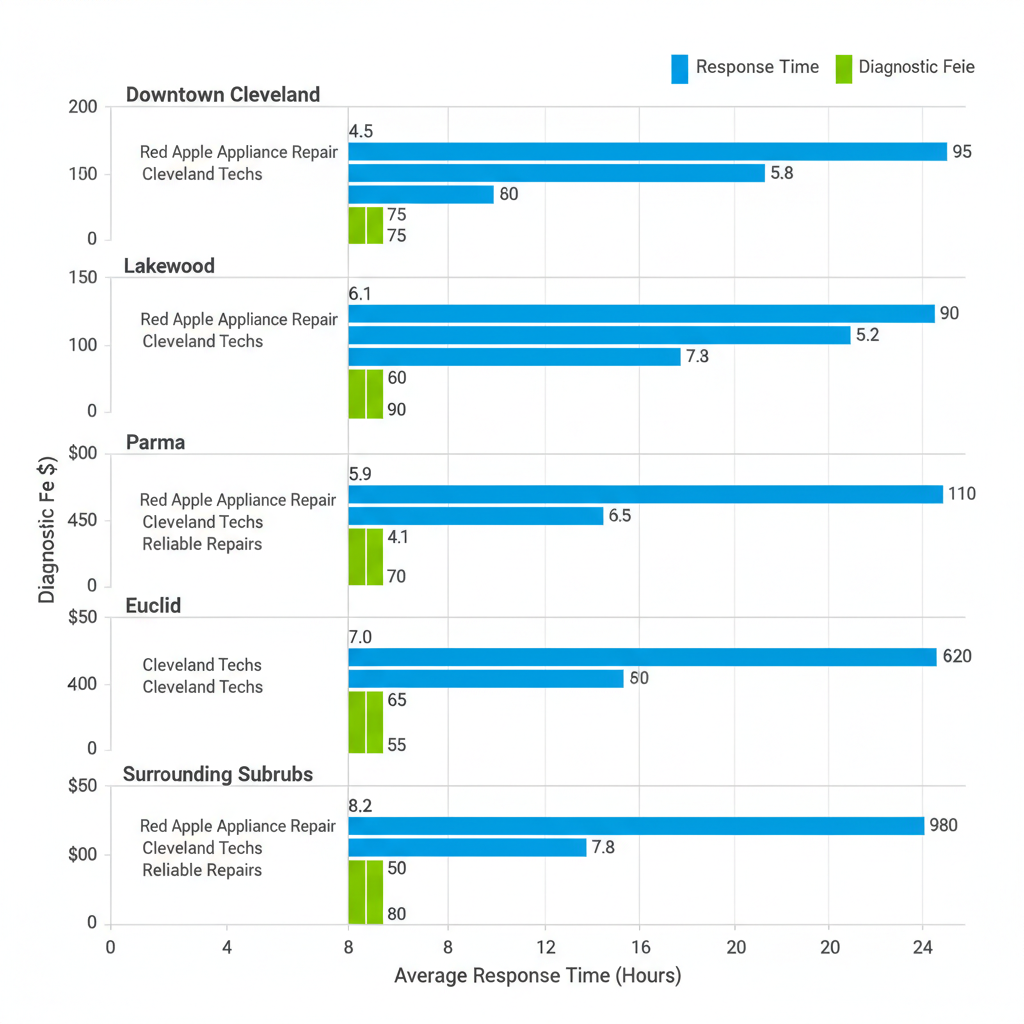 Bar chart comparing response times and diagnostic fees for appliance repair providers across Cleveland neighborhoods